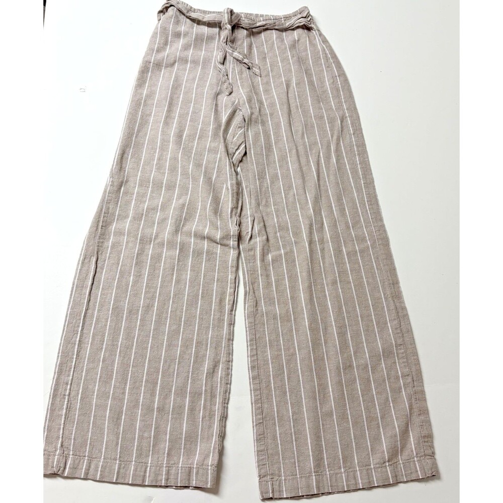 beach lunch lounge Tan Striped Pants Linen Cotton Capri Wide Leg Size XS